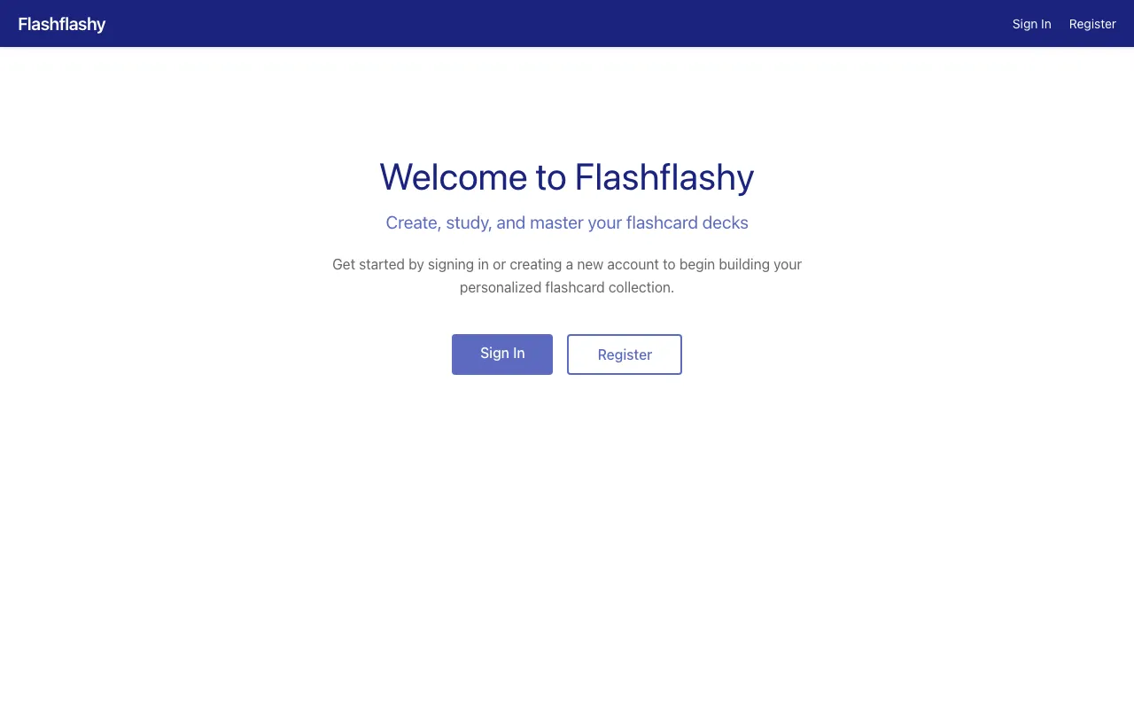 Flashflashy welcome screen with sign-in and register buttons